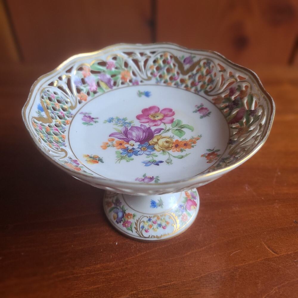 Vintage DRESDEN Schumann Bavaria Reticulated Compote Bowl 6.5"diameter Germany